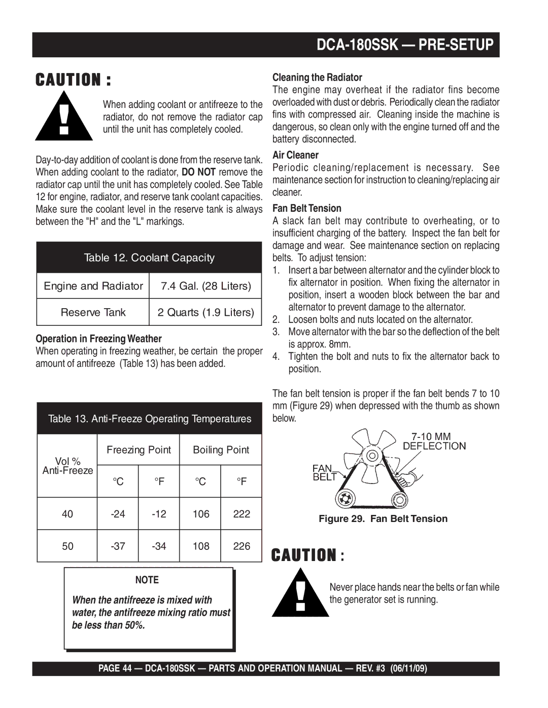 Multiquip DCA180SSK manual Cleaning the Radiator, Operation in Freezing Weather, Air Cleaner, Fan Belt Tension 