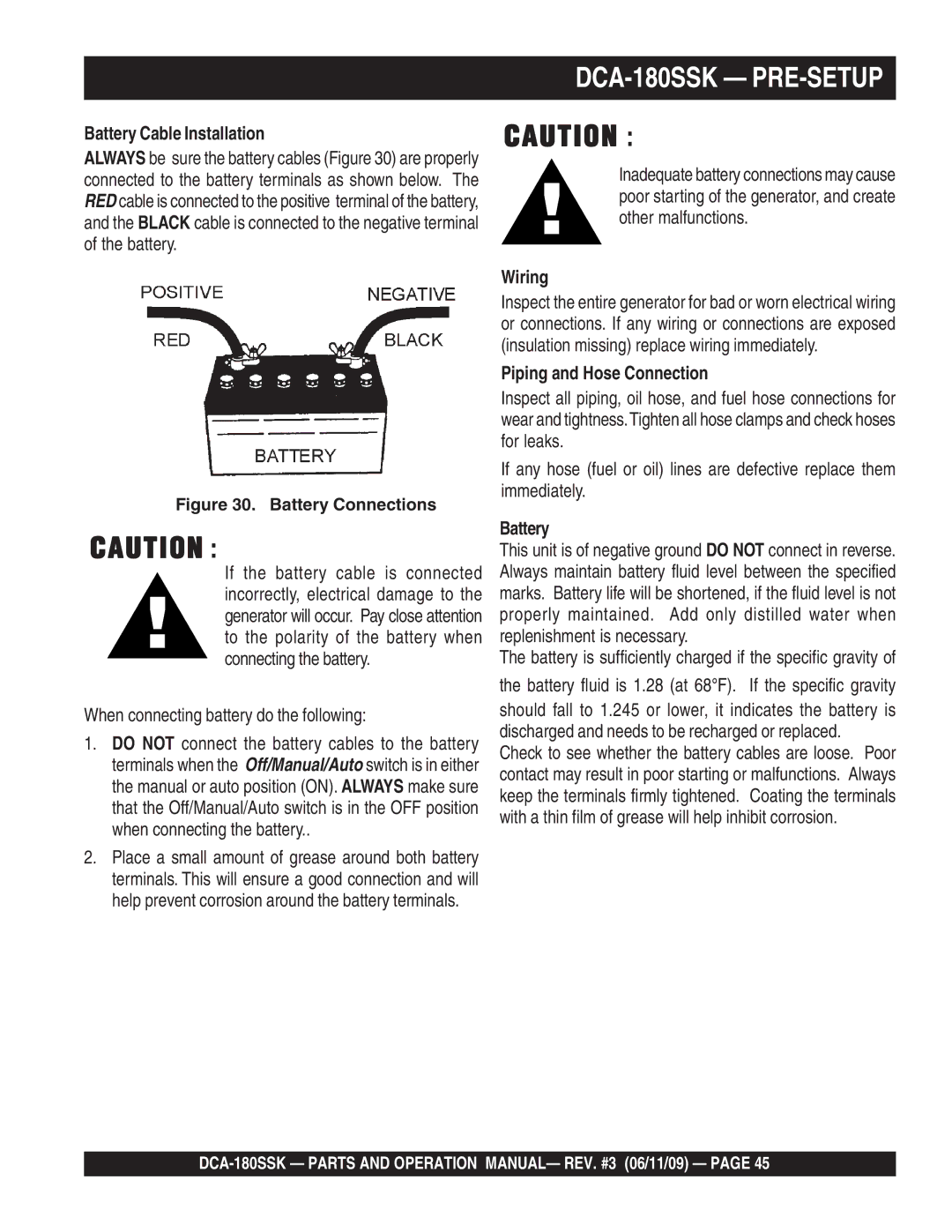 Multiquip DCA180SSK manual Battery Cable Installation, Wiring, Piping and Hose Connection 