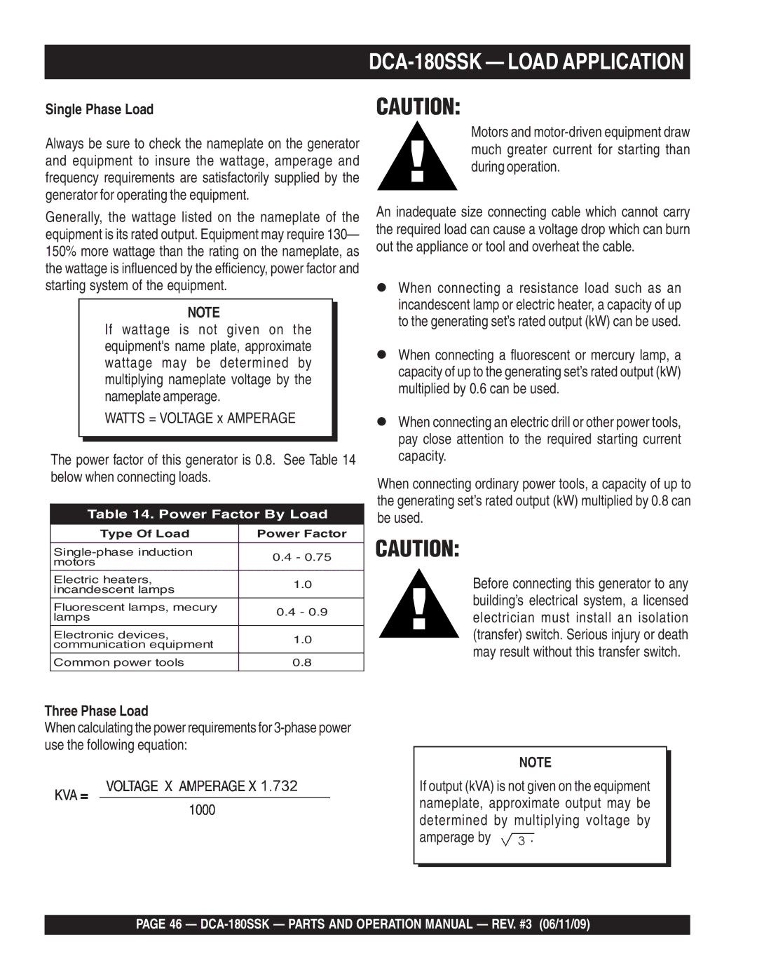 Multiquip DCA180SSK manual DCA-180SSK Load Application, Single Phase Load, Three Phase Load 