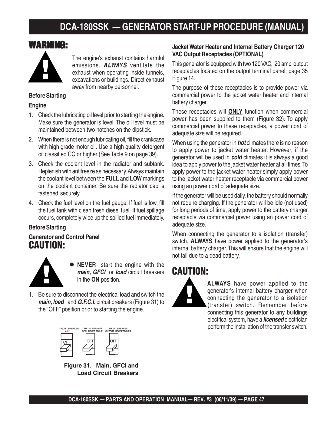 Multiquip DCA180SSK manual Before Starting Engine, Before Starting Generator and Control Panel 