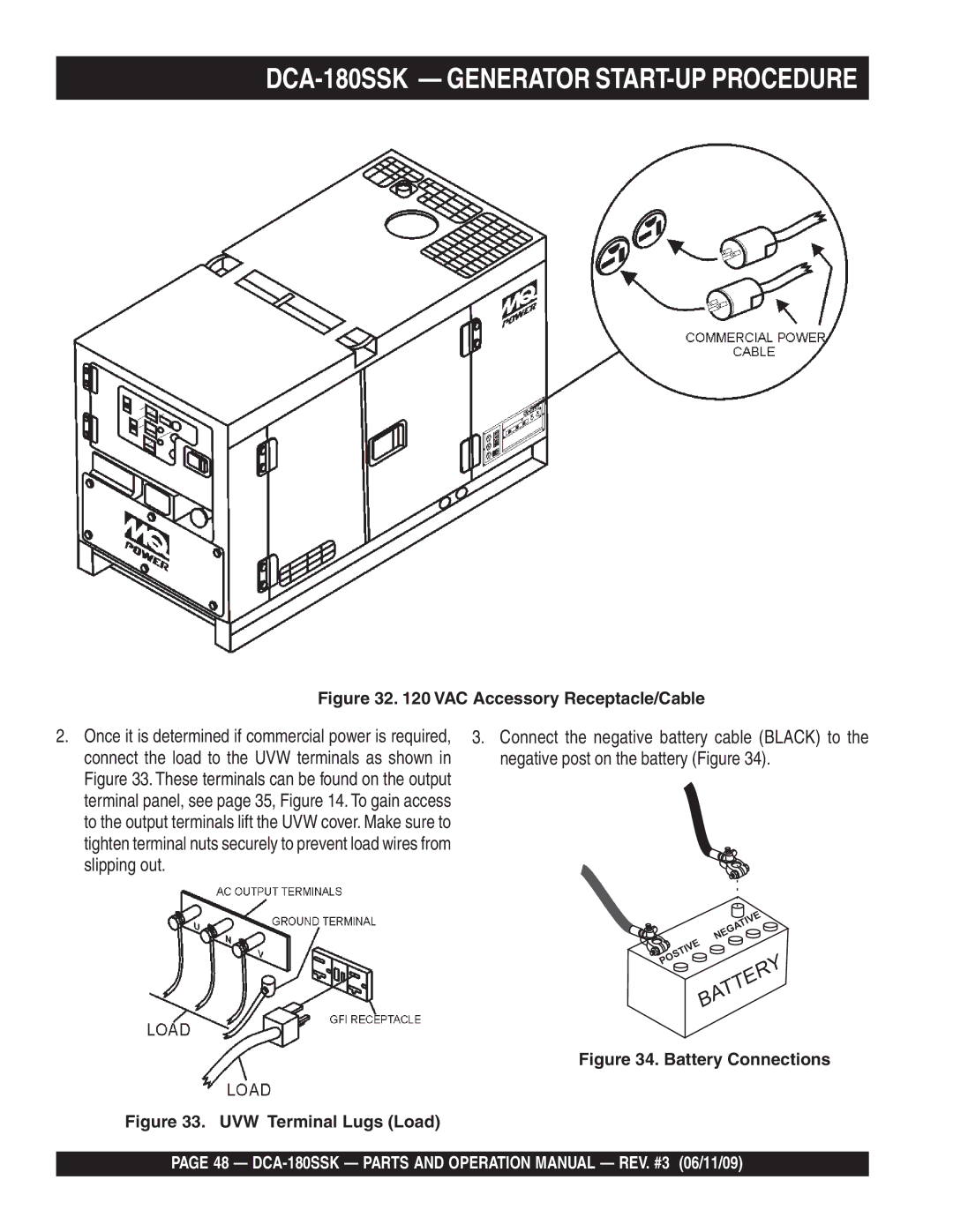 Multiquip DCA180SSK manual DCA-180SSK Generator START-UP Procedure, VAC Accessory Receptacle/Cable 