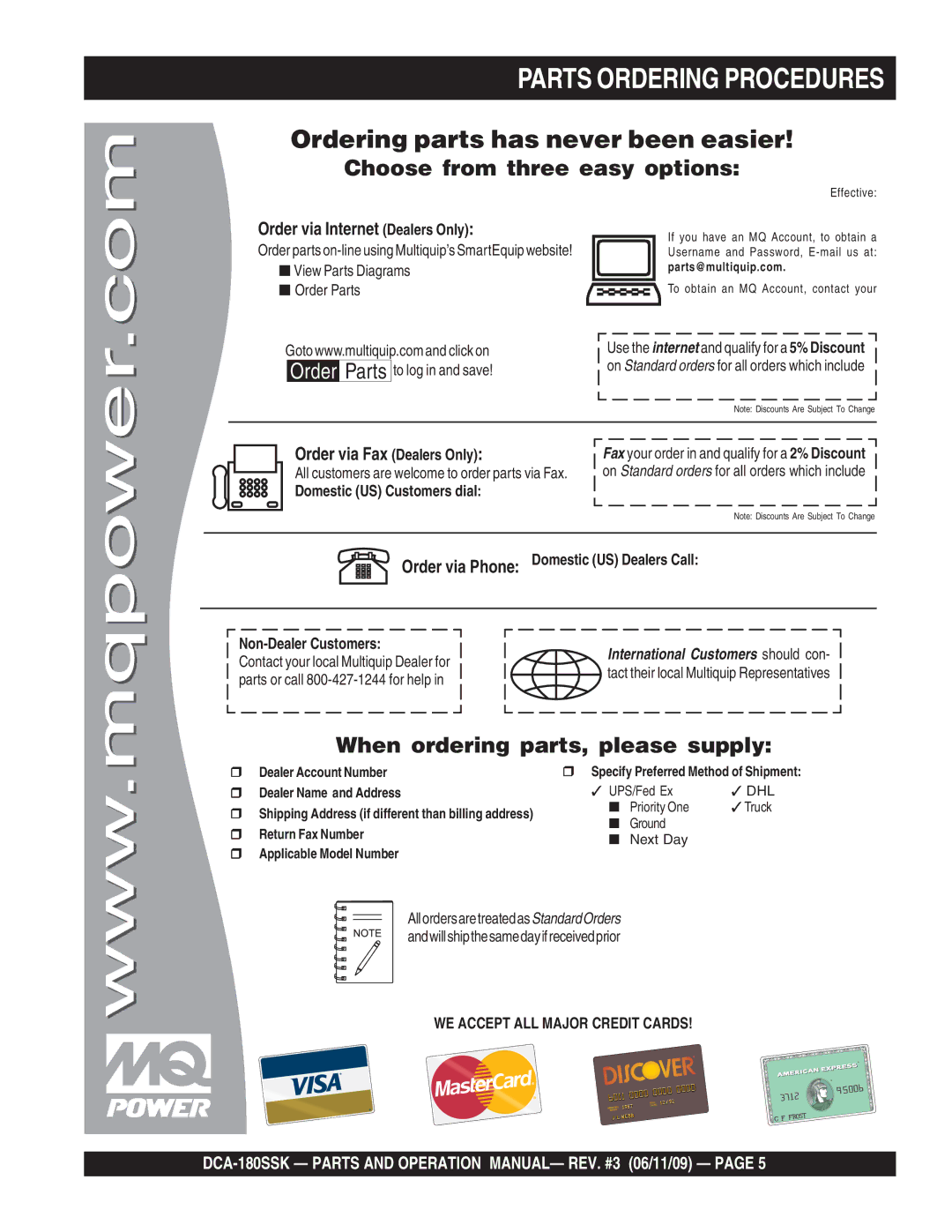 Multiquip DCA180SSK manual Parts Ordering Procedures, Ordering parts has never been easier 