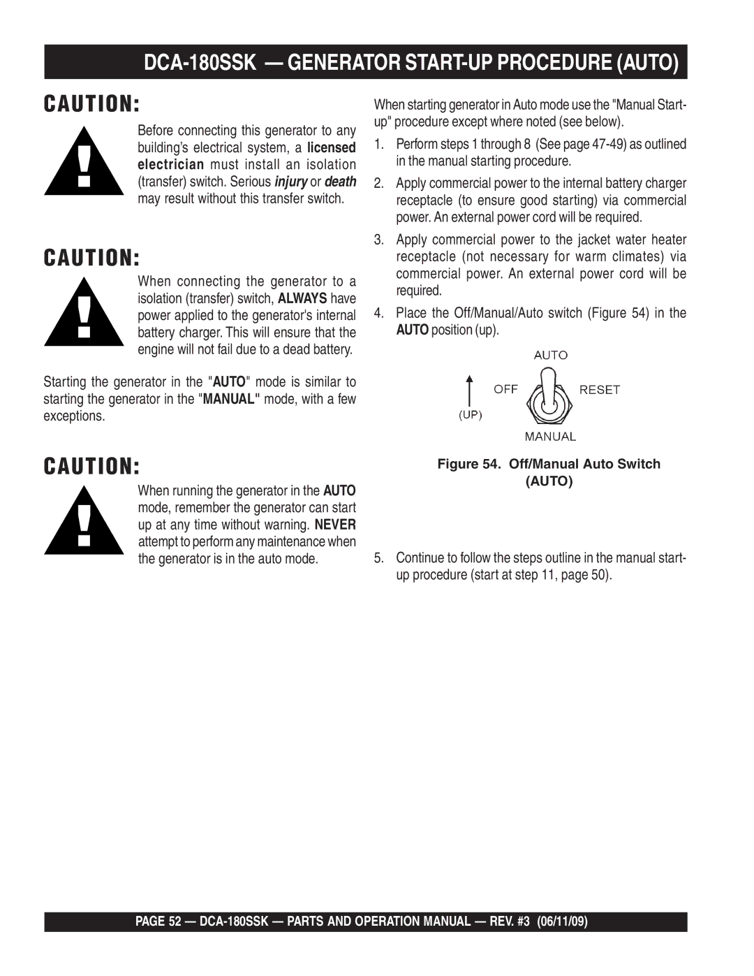 Multiquip DCA180SSK manual DCA-180SSK Generator START-UP Procedure Auto 