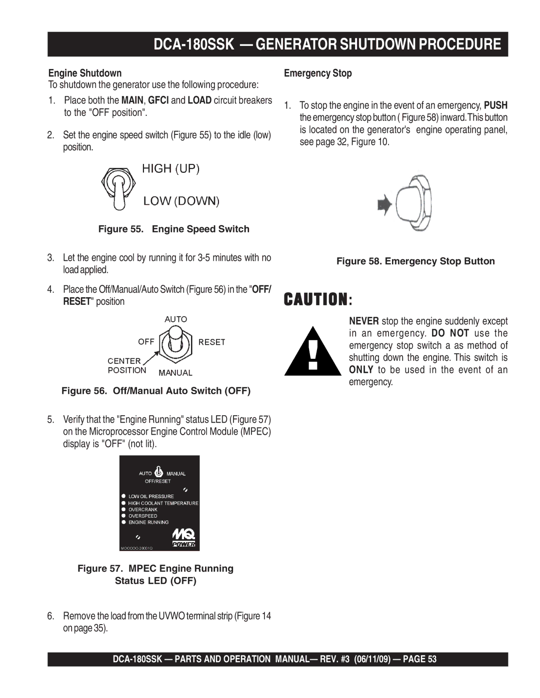 Multiquip DCA180SSK manual Engine Shutdown, Emergency Stop 