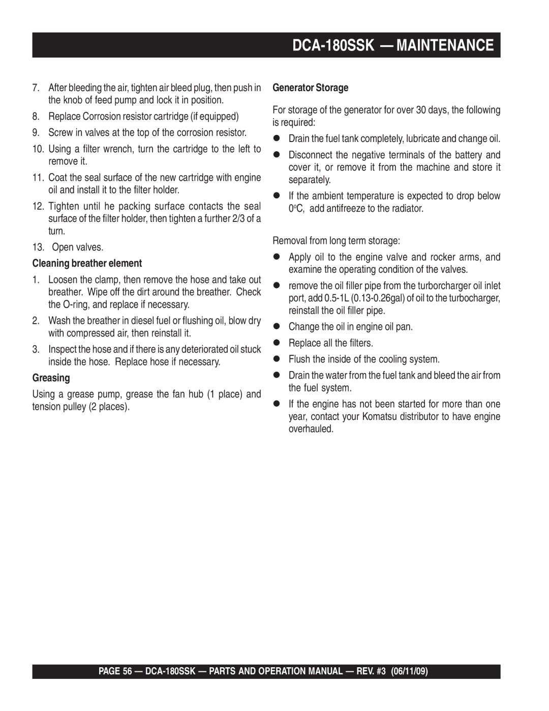 Multiquip DCA180SSK manual Cleaning breather element, Greasing, Generator Storage 