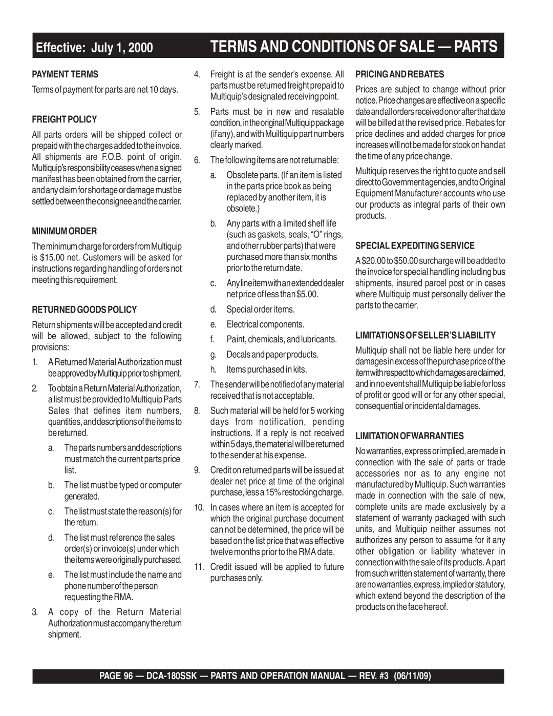 Multiquip DCA180SSK manual Effective July 1 