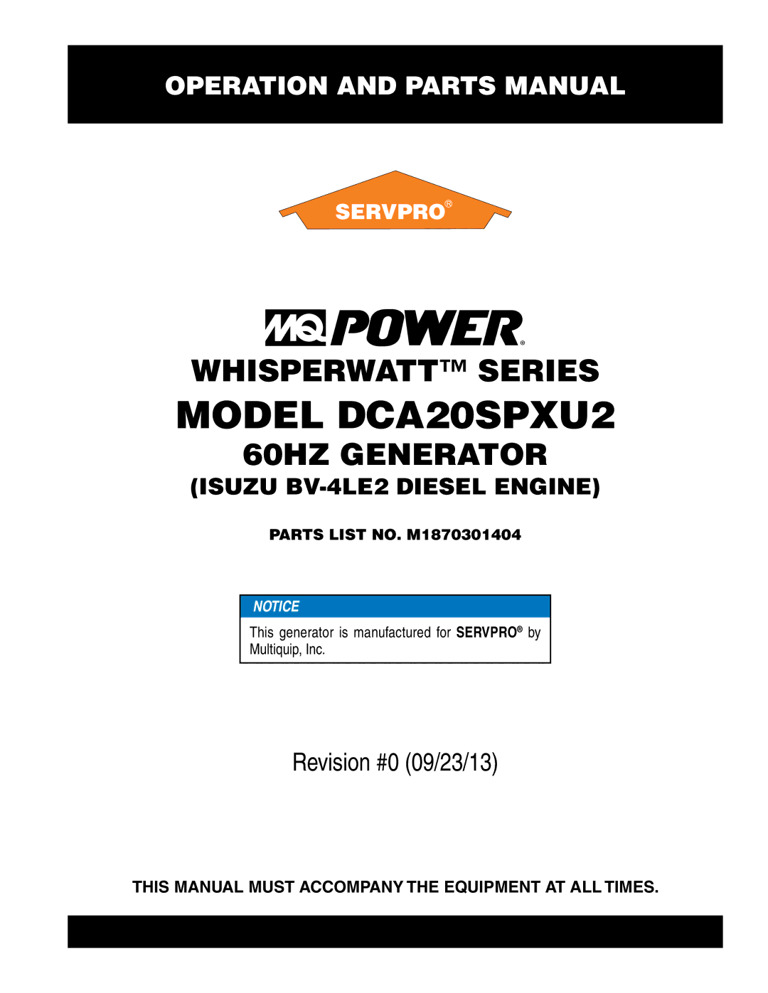 Multiquip DCA20spxu2 manual Model dca20spxu2 