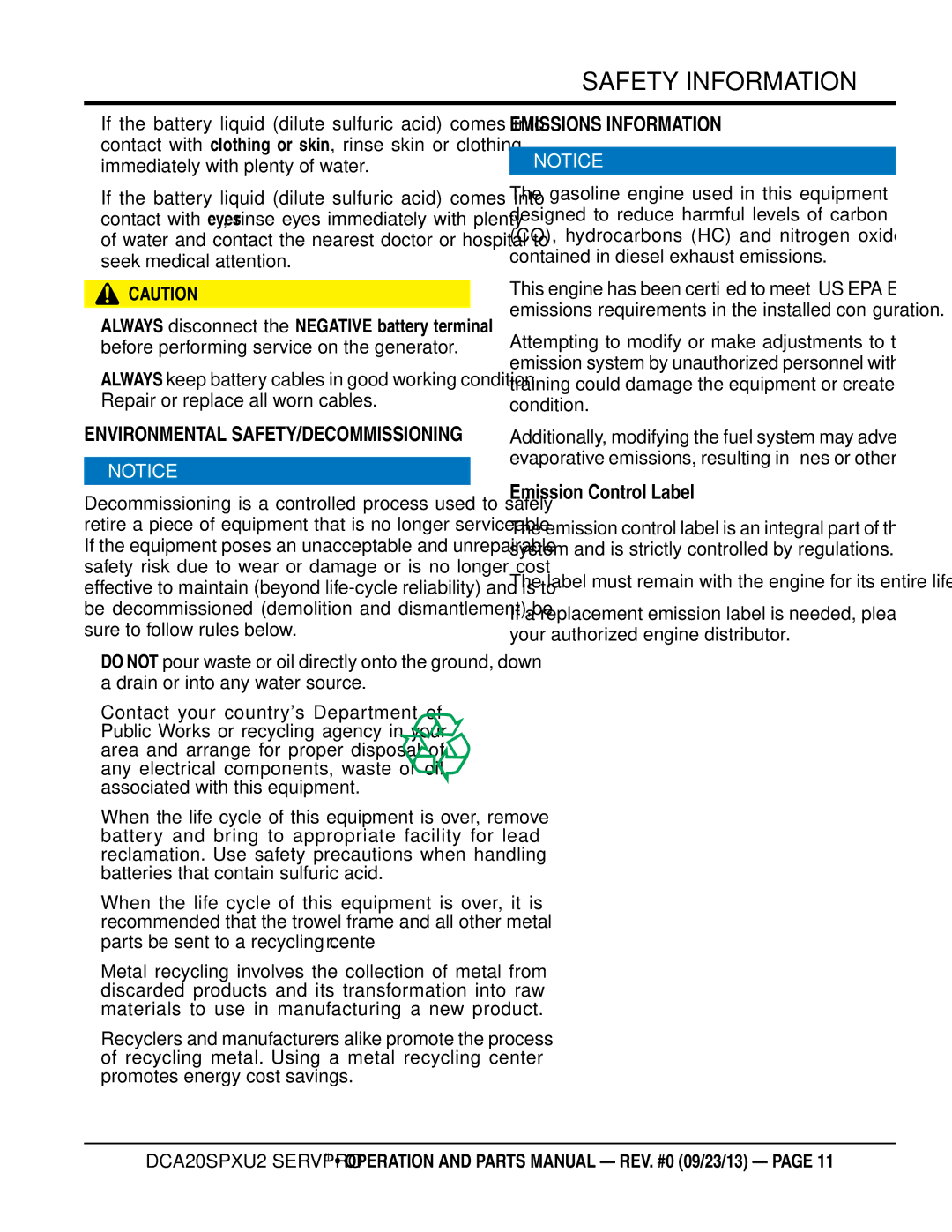 Multiquip DCA20spxu2 manual Environmental saFetY/deCommissioning, Emissions inFormation, Emission Control label 