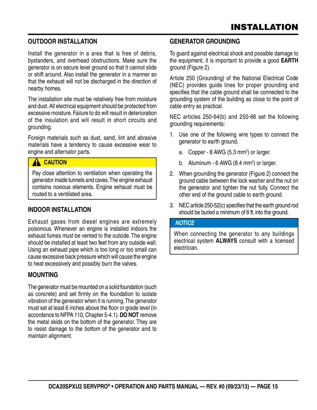 Multiquip DCA20spxu2 manual Outdoor Installation, Indoor Installation, Mounting, Generator Grounding 