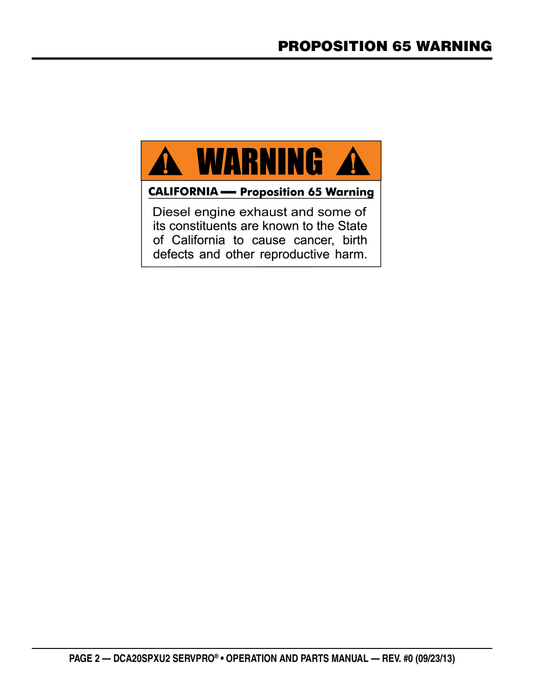 Multiquip DCA20spxu2 manual Proposition 65 warning 