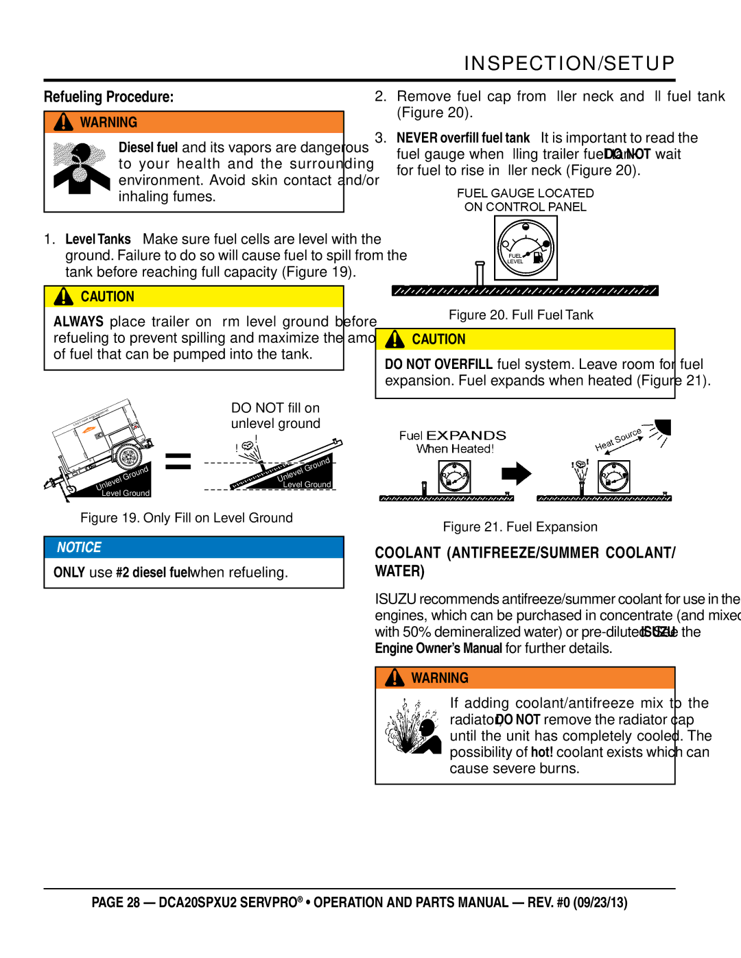 Multiquip DCA20spxu2 manual Refueling Procedure, Coolant Antifreeze/Summer Coolant/ Water 