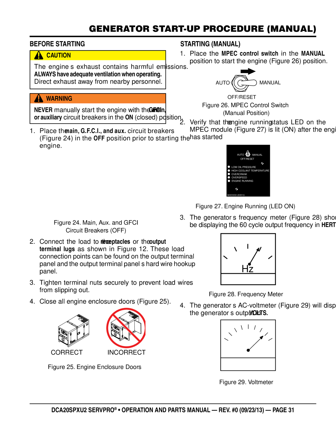 Multiquip DCA20spxu2 Generator START-UP Procedure manual, Before Starting, Starting Manual 