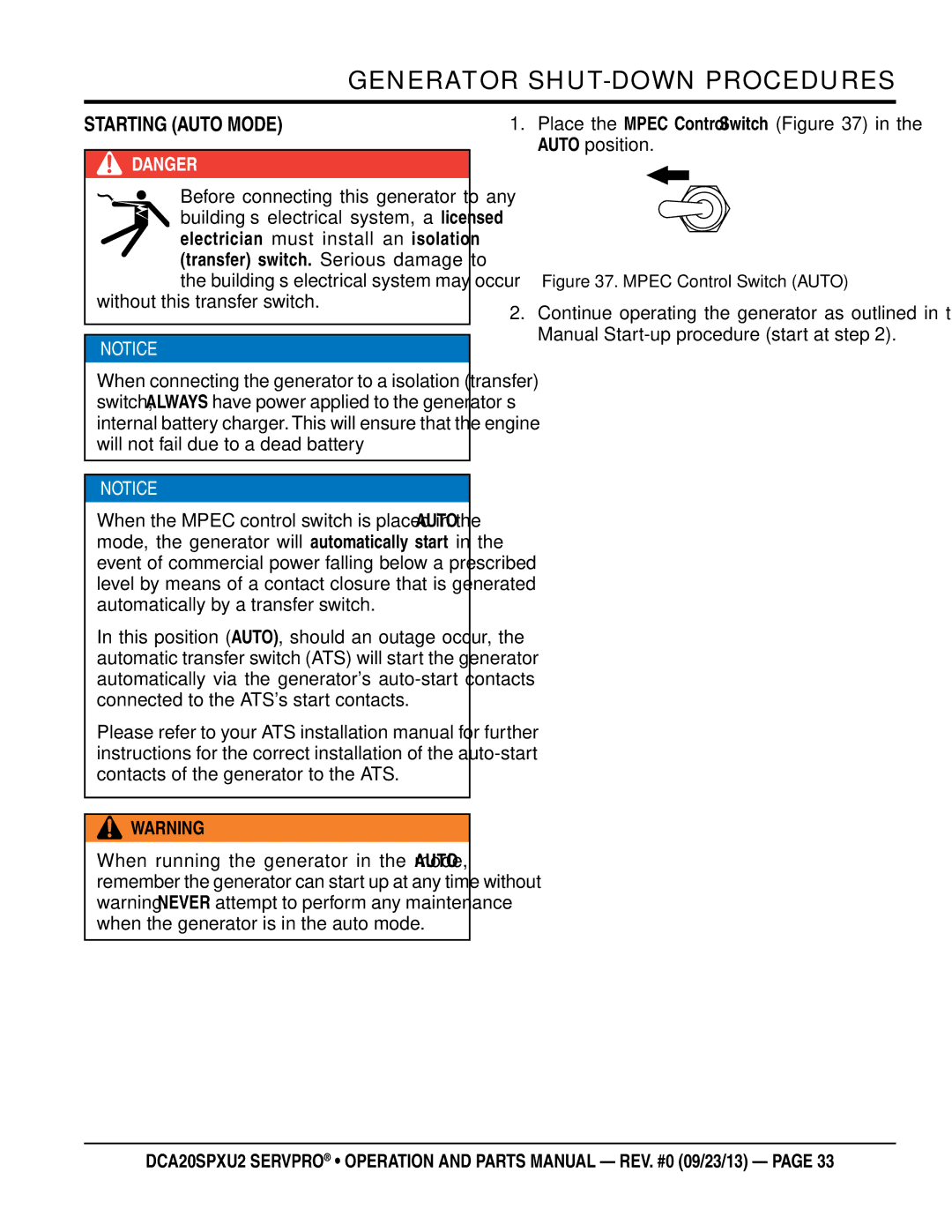 Multiquip DCA20spxu2 manual Starting Auto Mode, Before connecting this generator to any, Without this transfer switch 