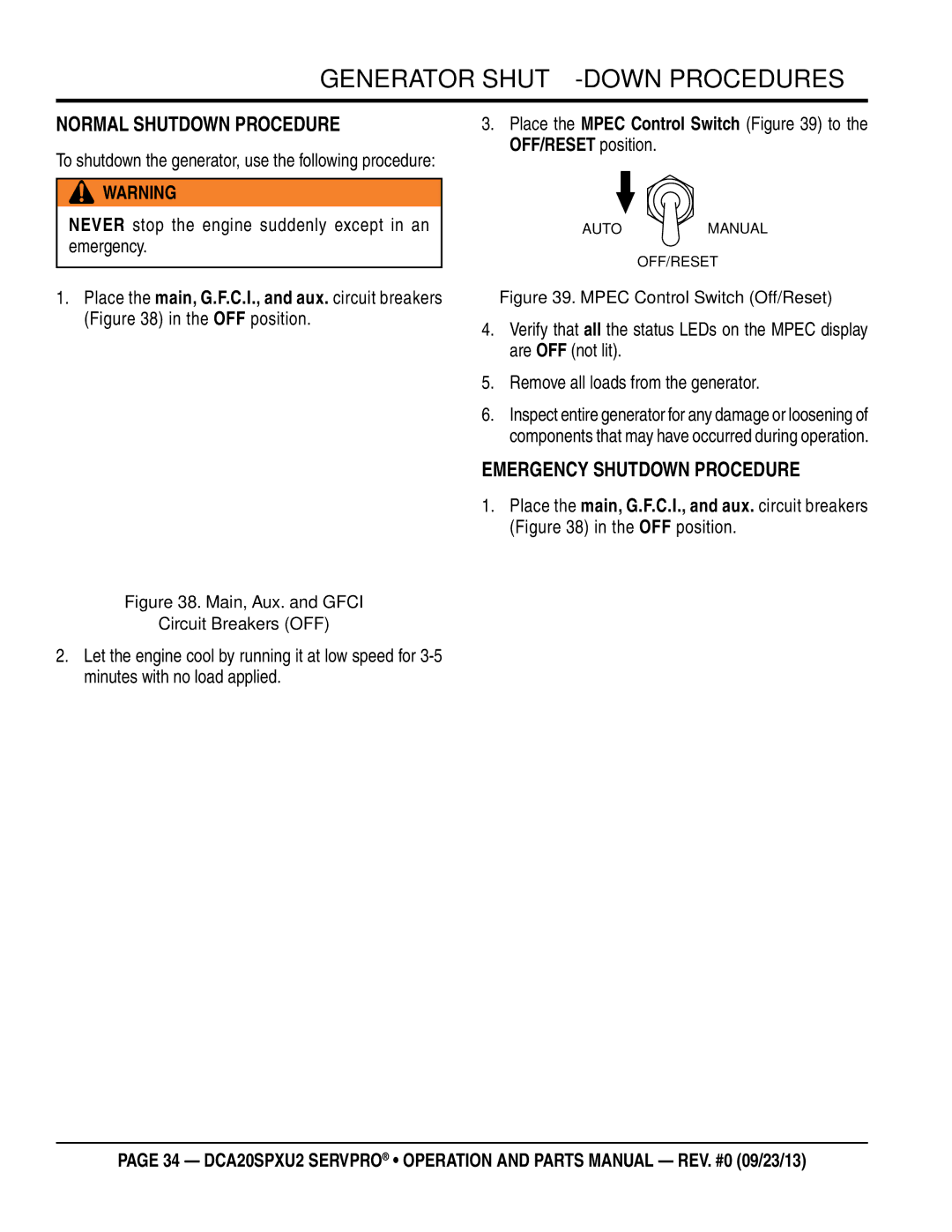 Multiquip DCA20spxu2 manual Normal Shutdown Procedure, Emergency Shutdown Procedure 