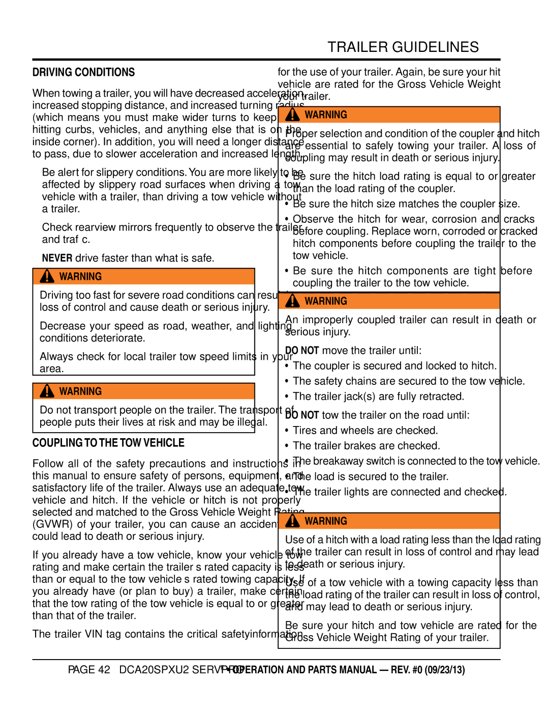 Multiquip DCA20spxu2 manual Driving Conditions, Coupling to tHe toW veHiCle 