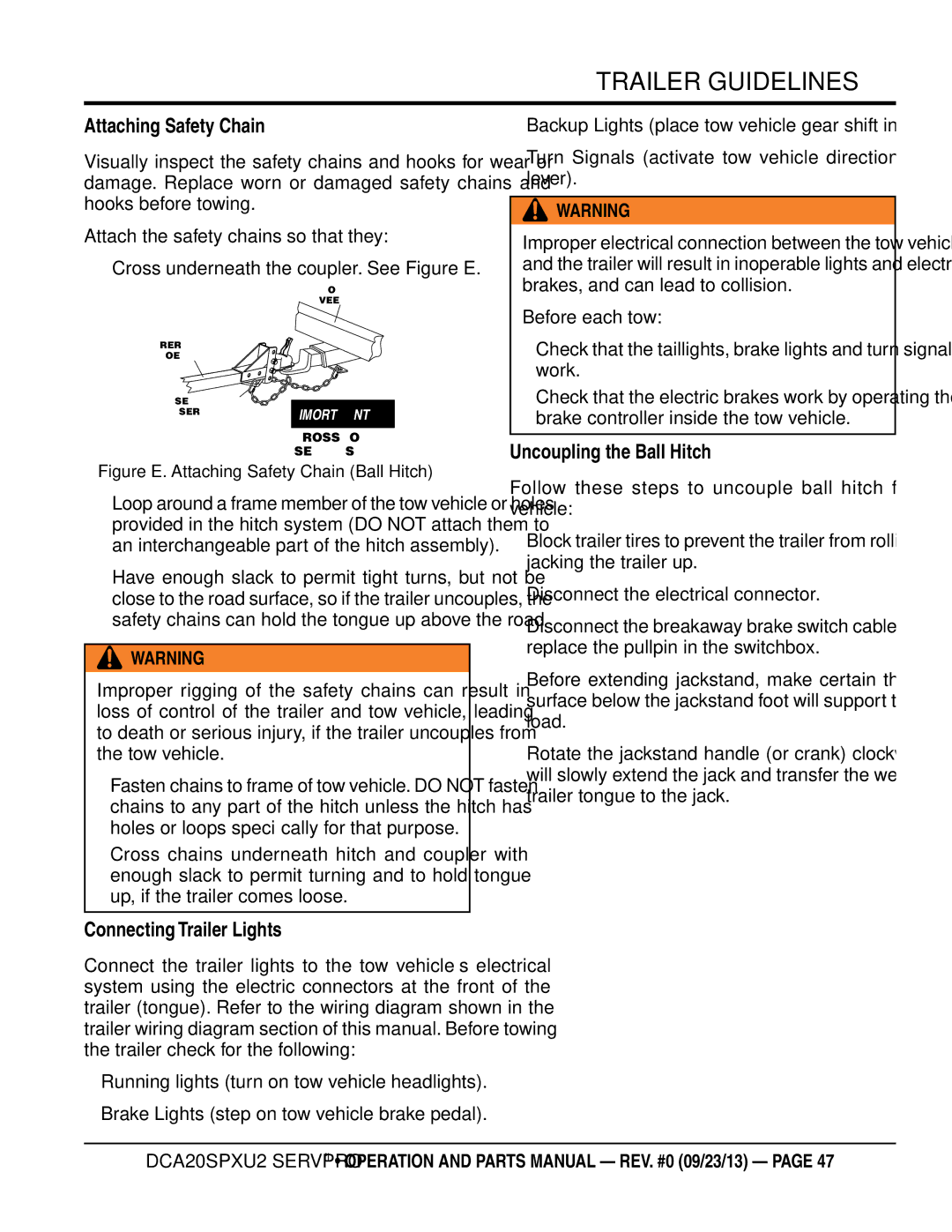 Multiquip DCA20spxu2 manual Attaching safety Chain, Connecting trailer lights, Uncoupling the Ball Hitch 