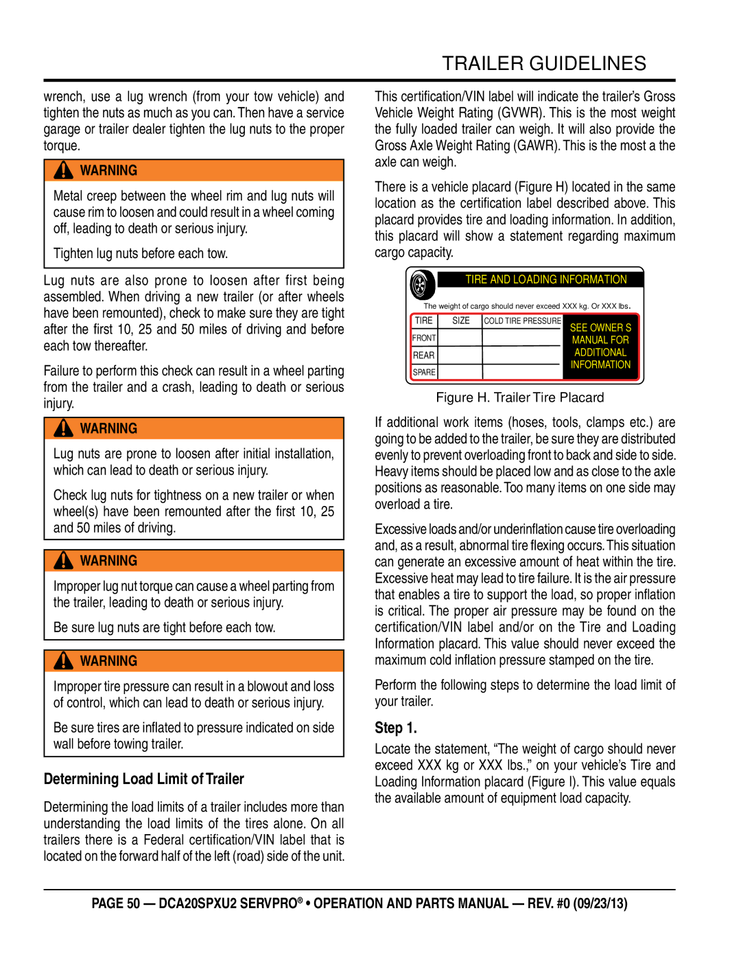 Multiquip DCA20spxu2 manual Determining load limit of trailer, Step, Tighten lug nuts before each tow 