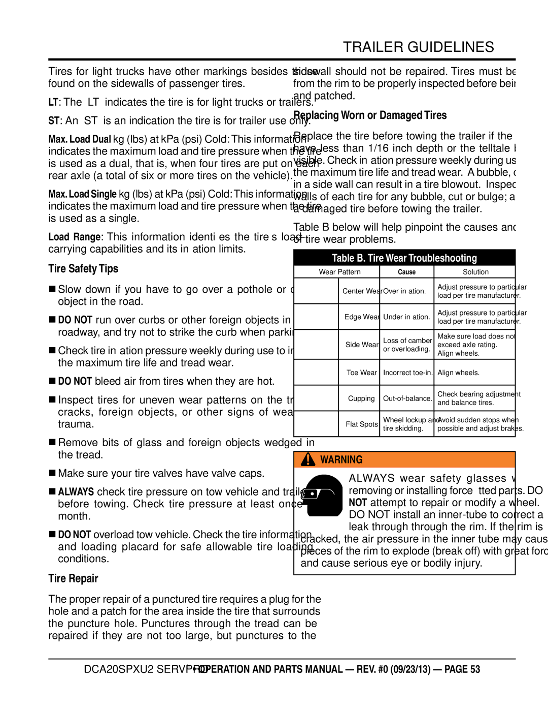 Multiquip DCA20spxu2 manual Tire safety tips, Tire repair, Replacing Worn or damaged tires 