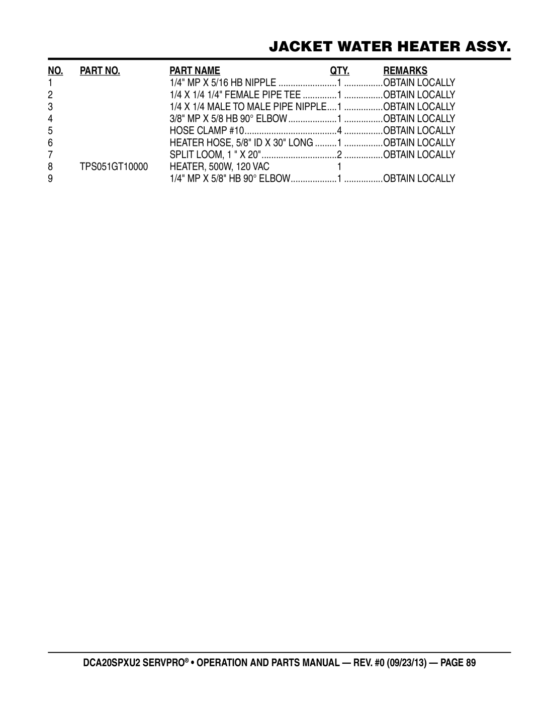 Multiquip DCA20spxu2 manual TPS051GT10000 HEATER, 500W, 120 VAC 