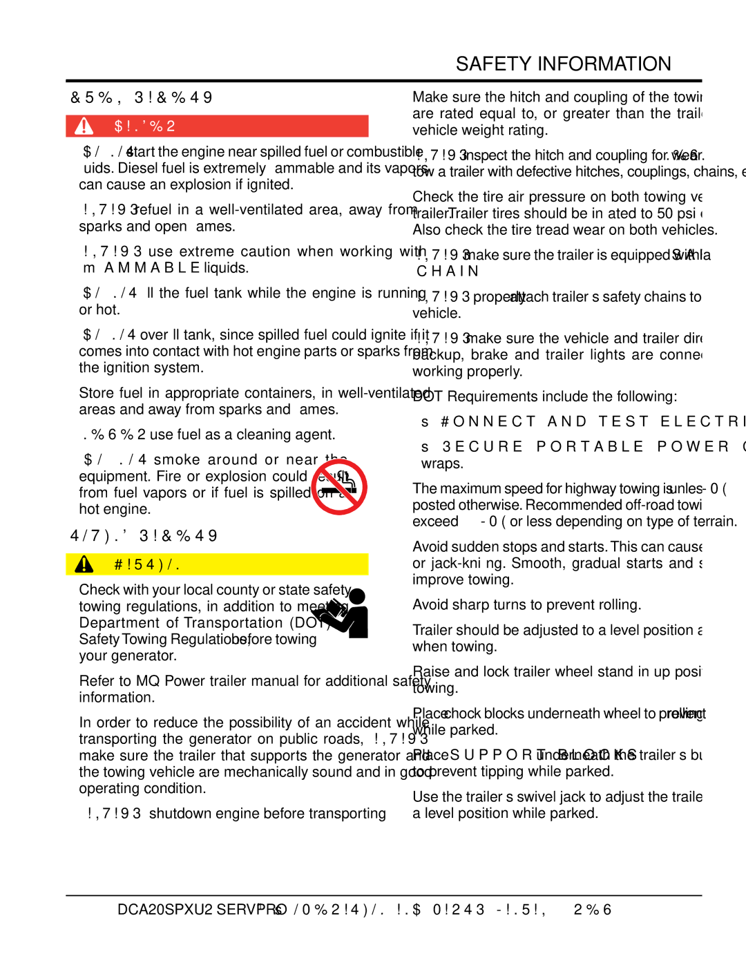 Multiquip DCA20spxu2 manual Fuel saFetY, ToWing saFetY, „ never use fuel as a cleaning agent 