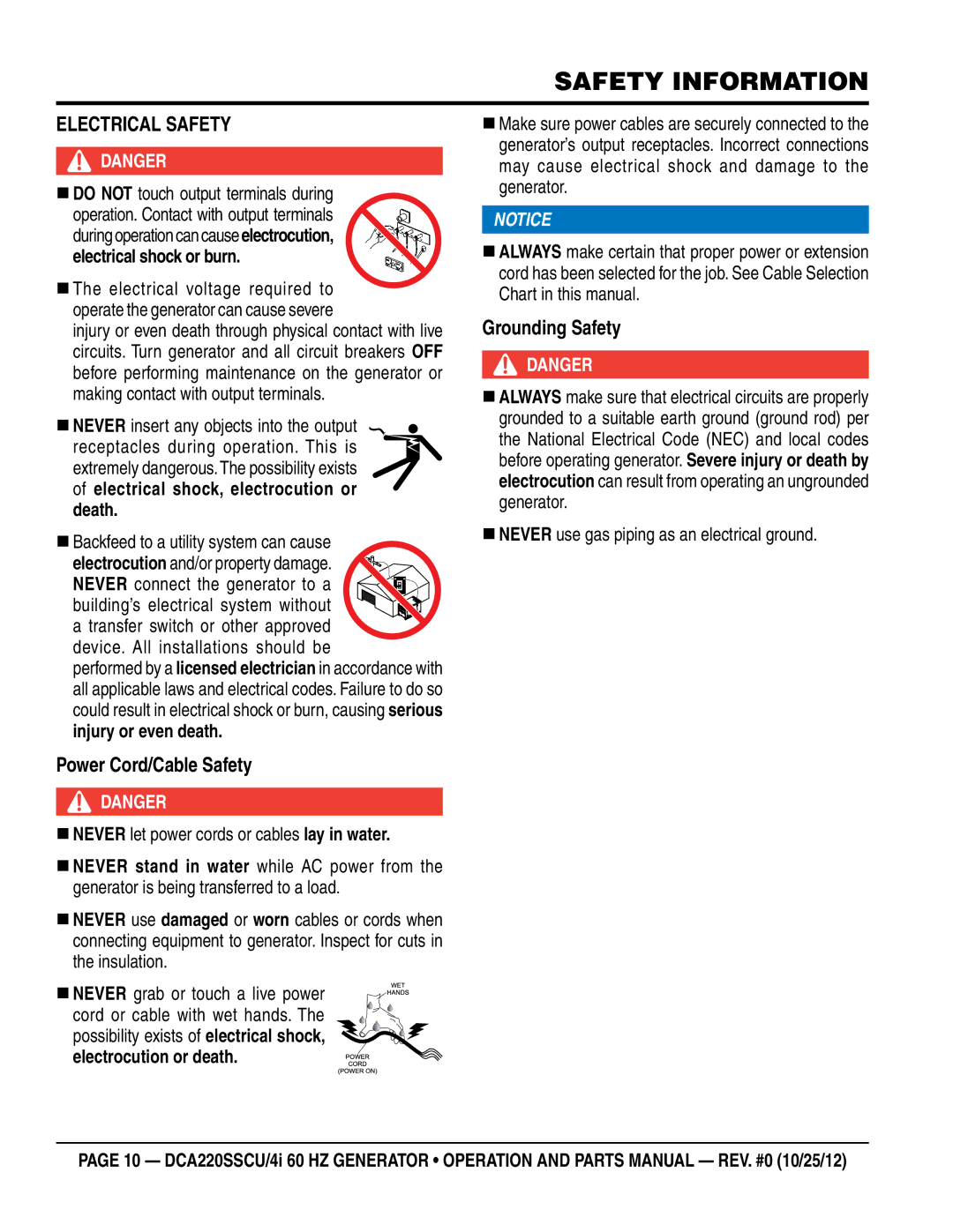 Multiquip DCA220SSCU4i manual ElecTrical saFeTY, Grounding safety, Power cord/cable safety 