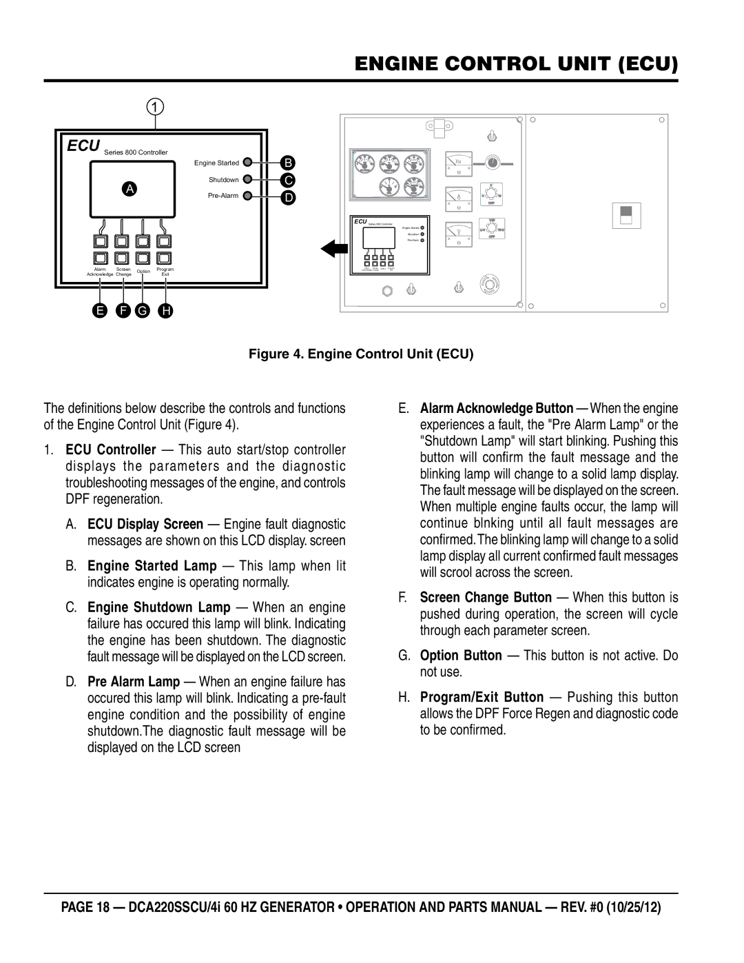 Multiquip DCA220SSCU4i manual Engine control unit ecu, Option Button This button is not active. Do not use 