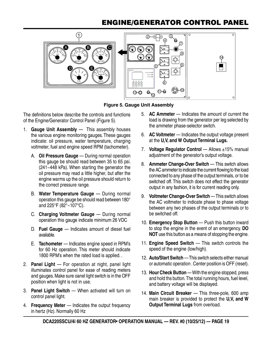 Multiquip DCA220SSCU4i manual ENGINE/Generator Control Panel, Fuel Gauge Indicates amount of diesel fuel available 