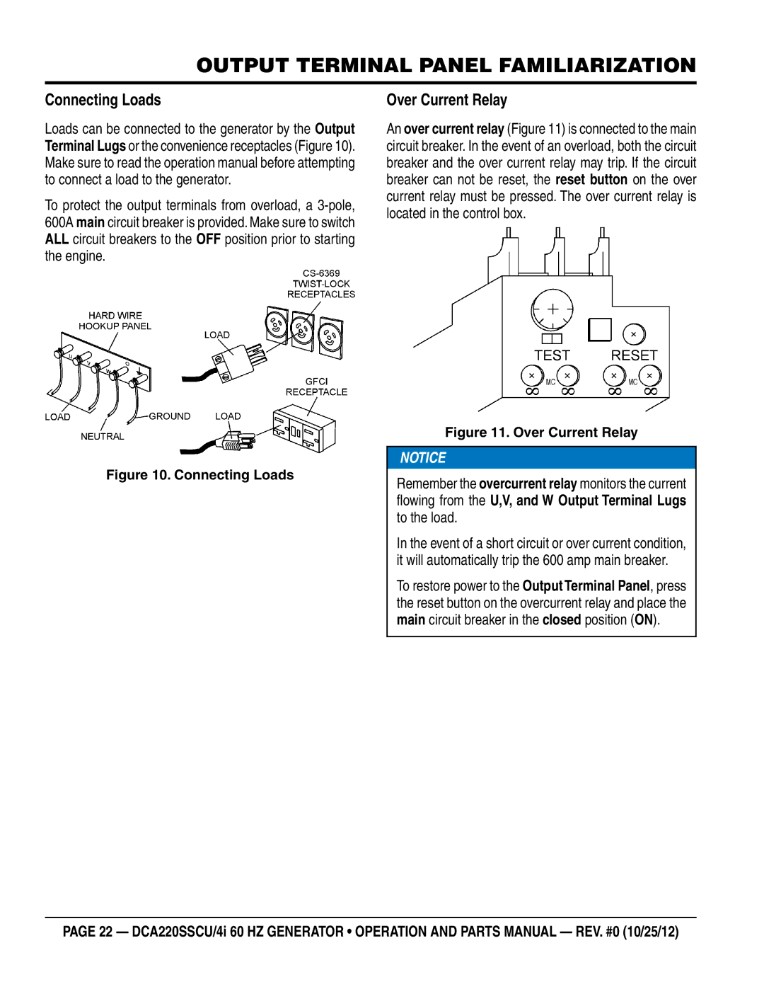 Multiquip DCA220SSCU4i manual Connecting Loads, Over Current Relay 