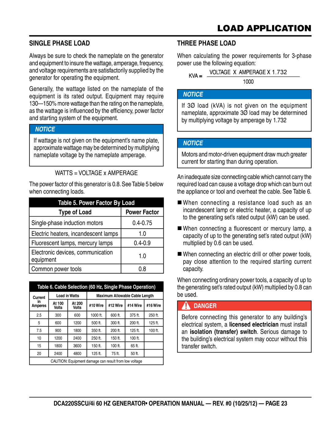 Multiquip DCA220SSCU4i manual Load Application, Single Phase Load, Three Phase Load 