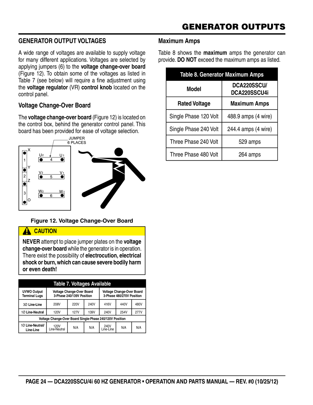 Multiquip DCA220SSCU4i manual Generator Output Voltages, Voltage Change-Over Board, Maximum Amps 
