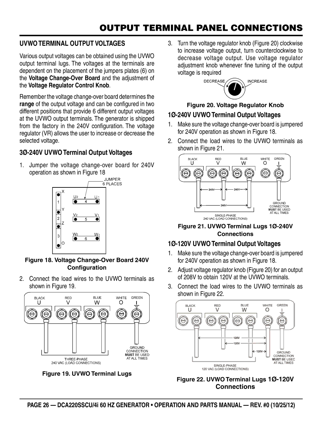 Multiquip DCA220SSCU4i manual 1Ø-240V Uvwo Terminal Output Voltages, 1Ø-120V Uvwo Terminal Output Voltages 