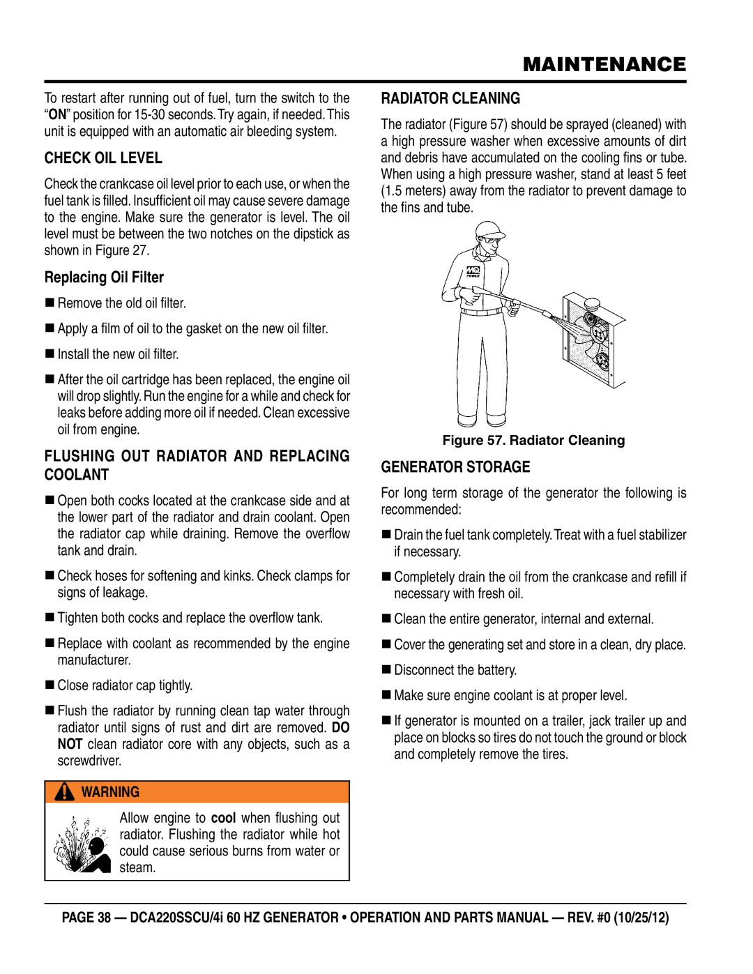 Multiquip DCA220SSCU4i manual Check Oil Level, Replacing Oil Filter, Flushing Out Radiator and Replacing Coolant 