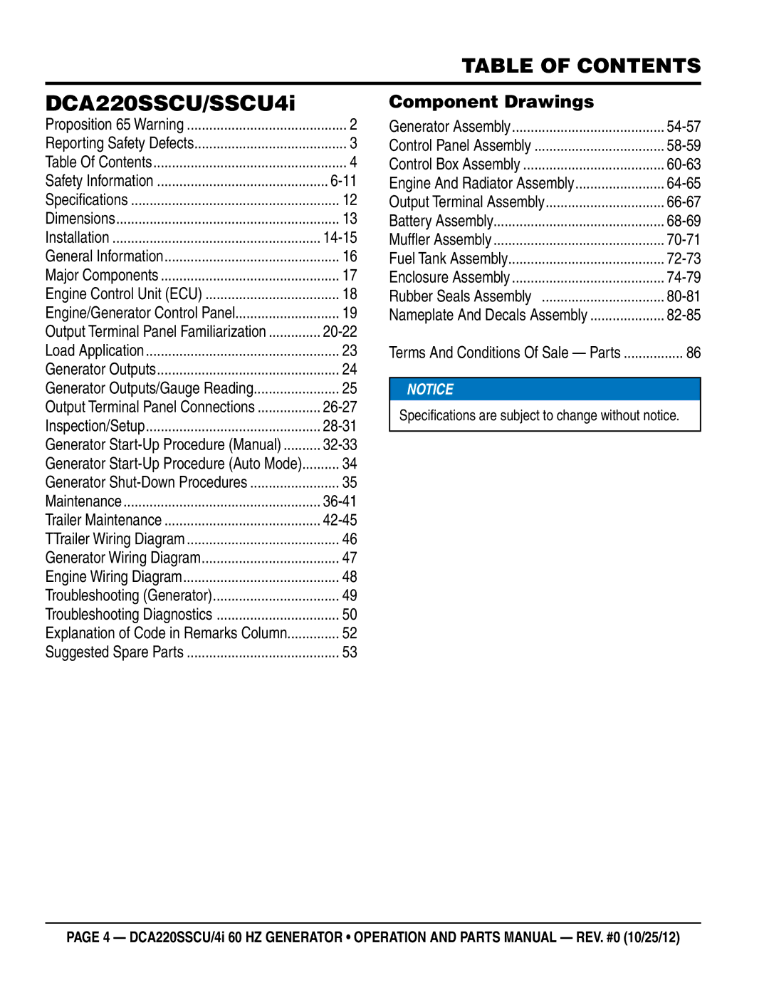 Multiquip DCA220SSCU4i manual Table of Contents, Specifications are subject to change without notice 