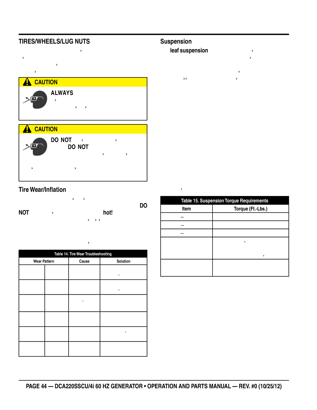 Multiquip DCA220SSCU4i manual Tires/Wheels/Lug Nuts, Tire Wear/Inflation, Suspension 