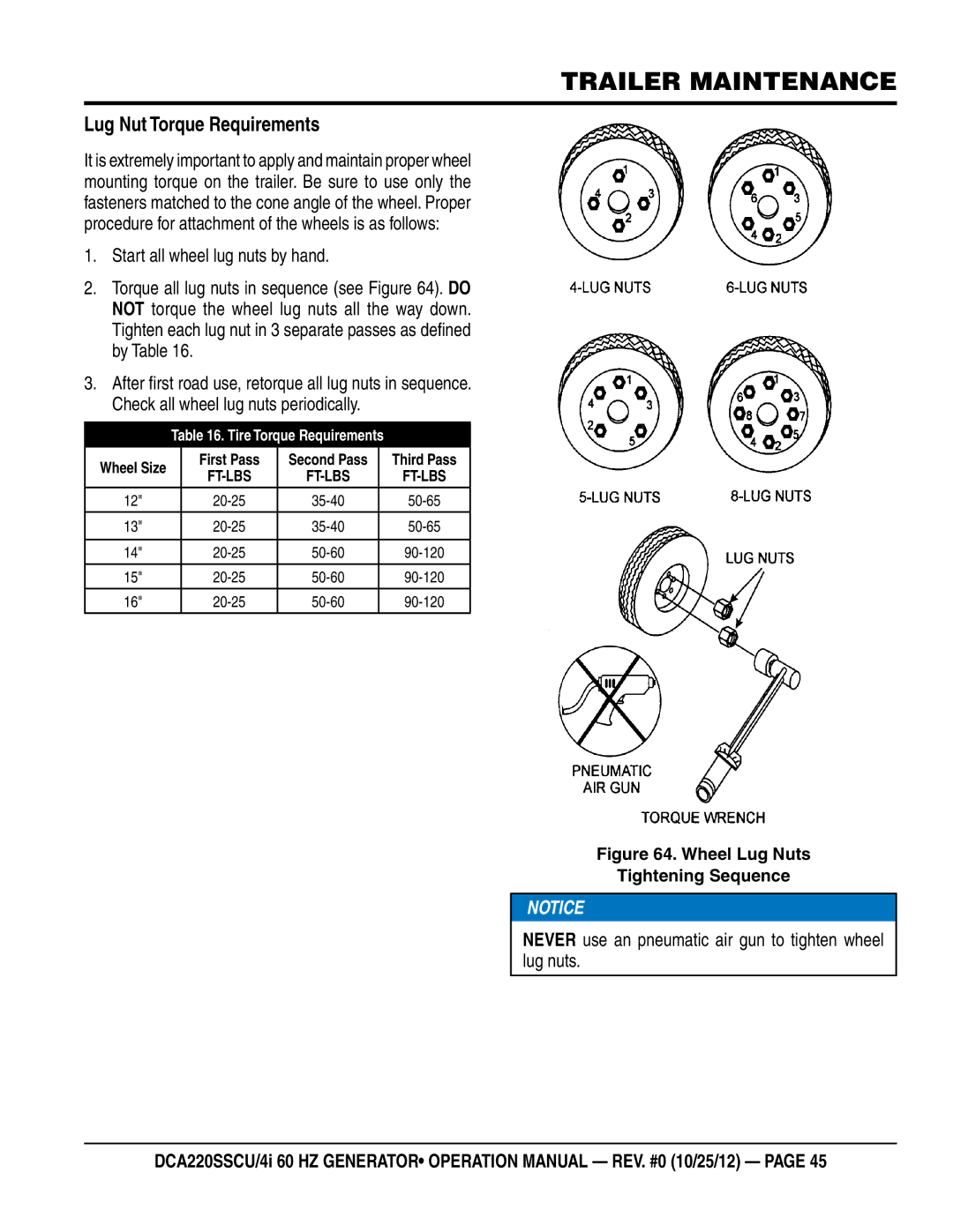 Multiquip DCA220SSCU4i manual Lug Nut Torque Requirements, Never use an pneumatic air gun to tighten wheel lug nuts 