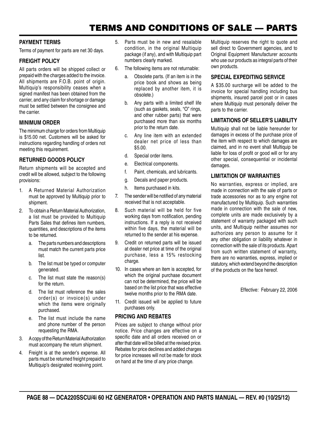 Multiquip DCA220SSCU4i manual Terms and Conditions of Sale Parts, Freight Policy 