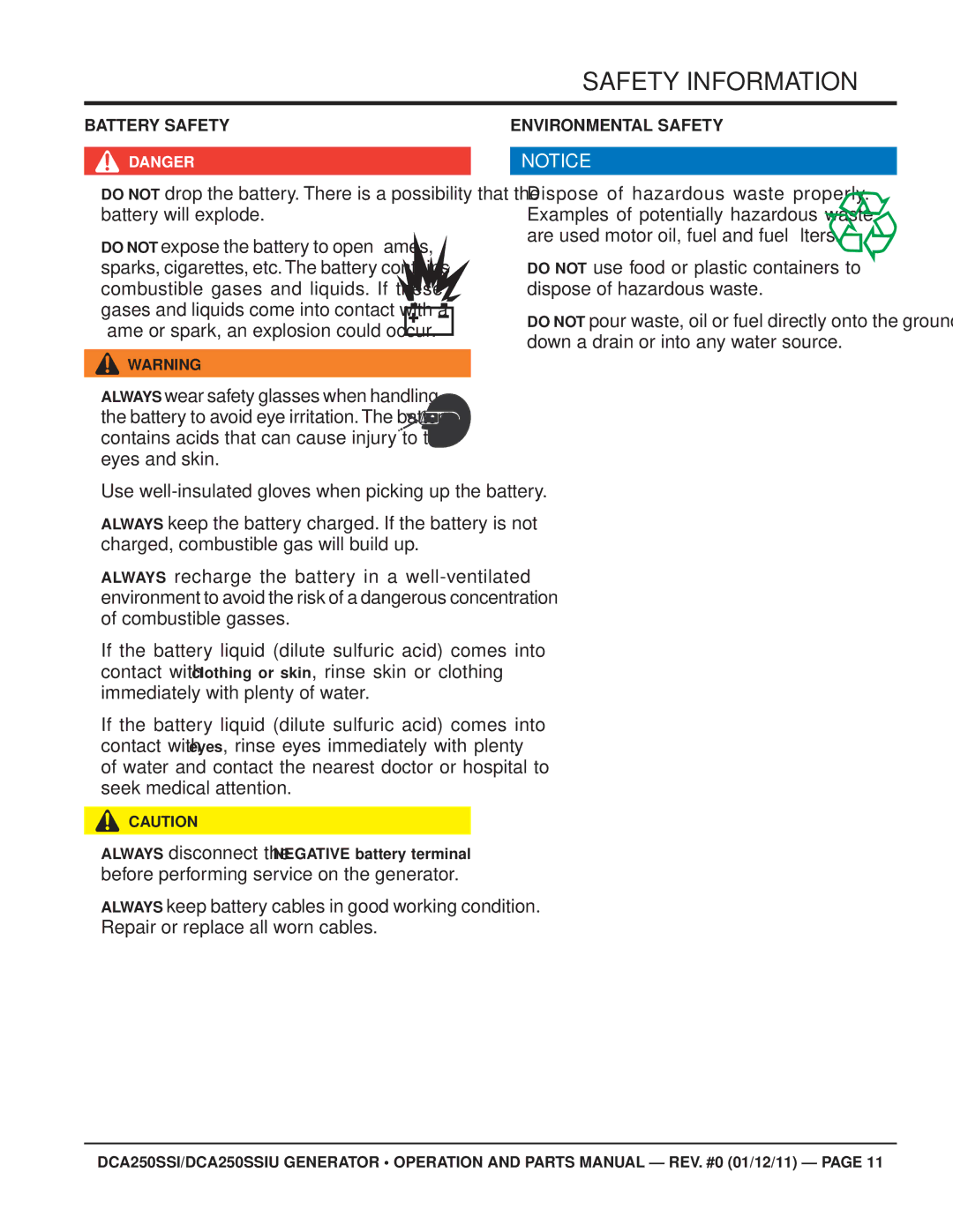 Multiquip DCA250SSIU manual Battery Safety, Environmental Safety 