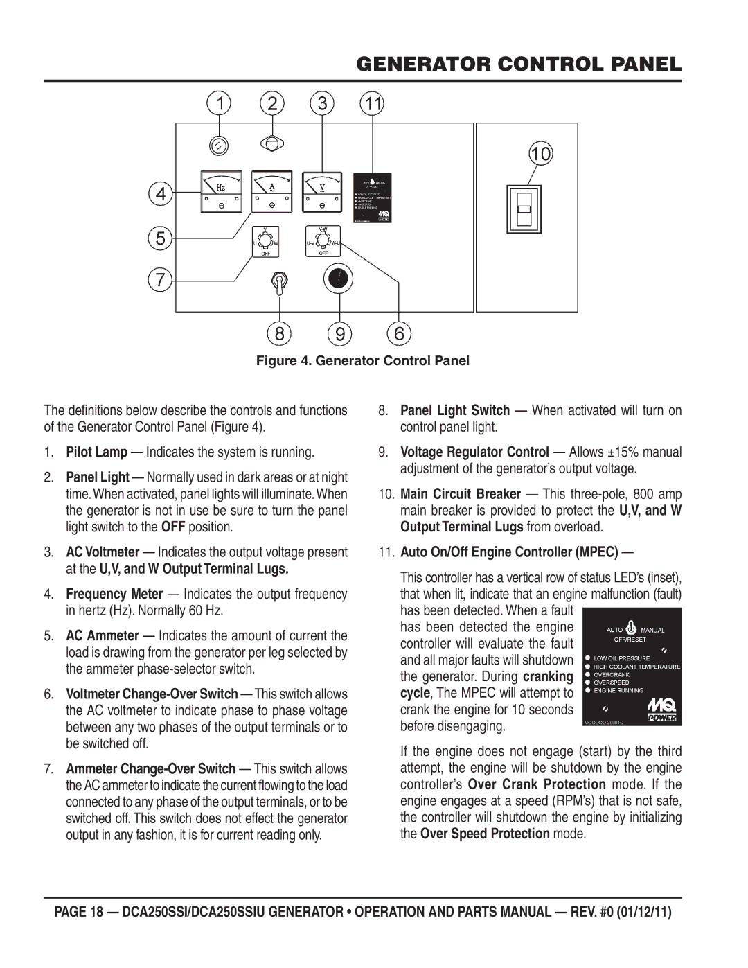 Multiquip DCA250SSIU manual Generator Control Panel, Pilot Lamp Indicates the system is running 