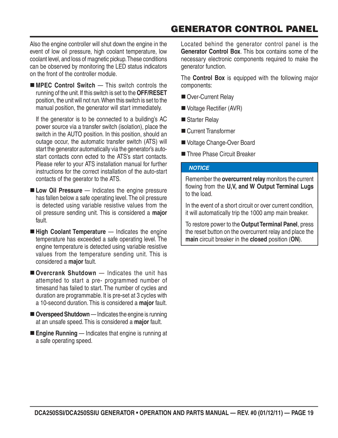 Multiquip DCA250SSIU manual Owing from the U,V, and W Output Terminal Lugs to the load 