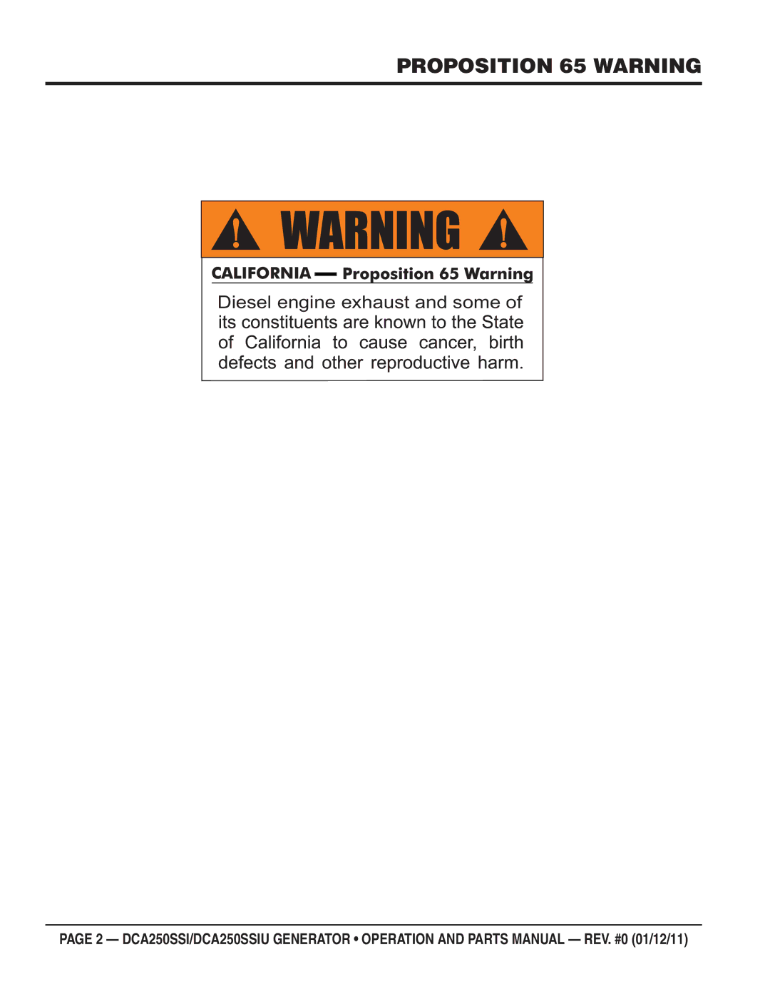 Multiquip DCA250SSIU manual Proposition 65 Warning 