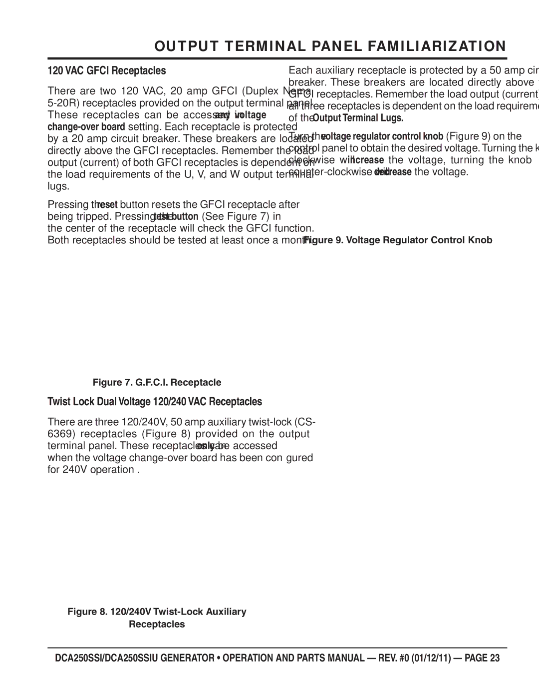 Multiquip DCA250SSIU manual VAC Gfci Receptacles, 240V Twist-Lock Auxiliary Receptacles 