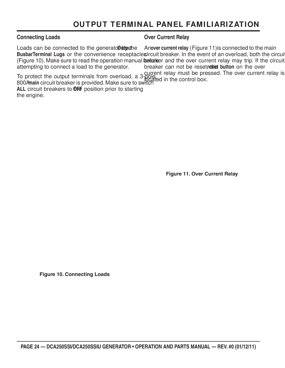 Multiquip DCA250SSIU manual Connecting Loads, Over Current Relay 