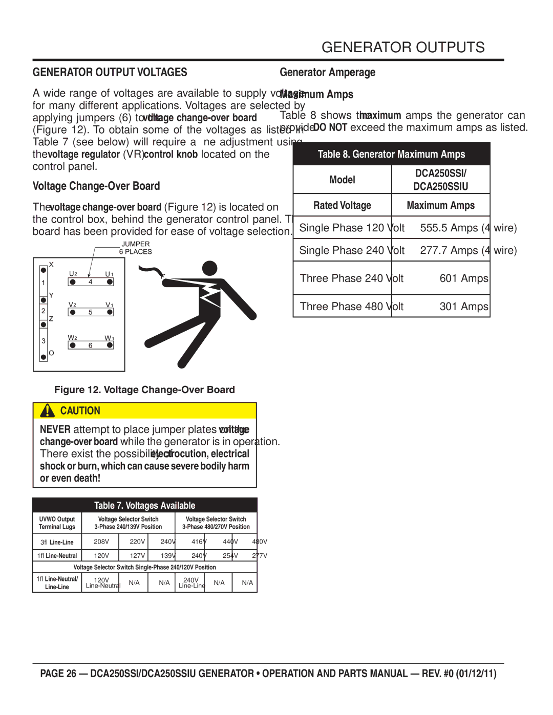 Multiquip DCA250SSIU manual Generator Outputs, Generator Output Voltages, Voltage Change-Over Board 