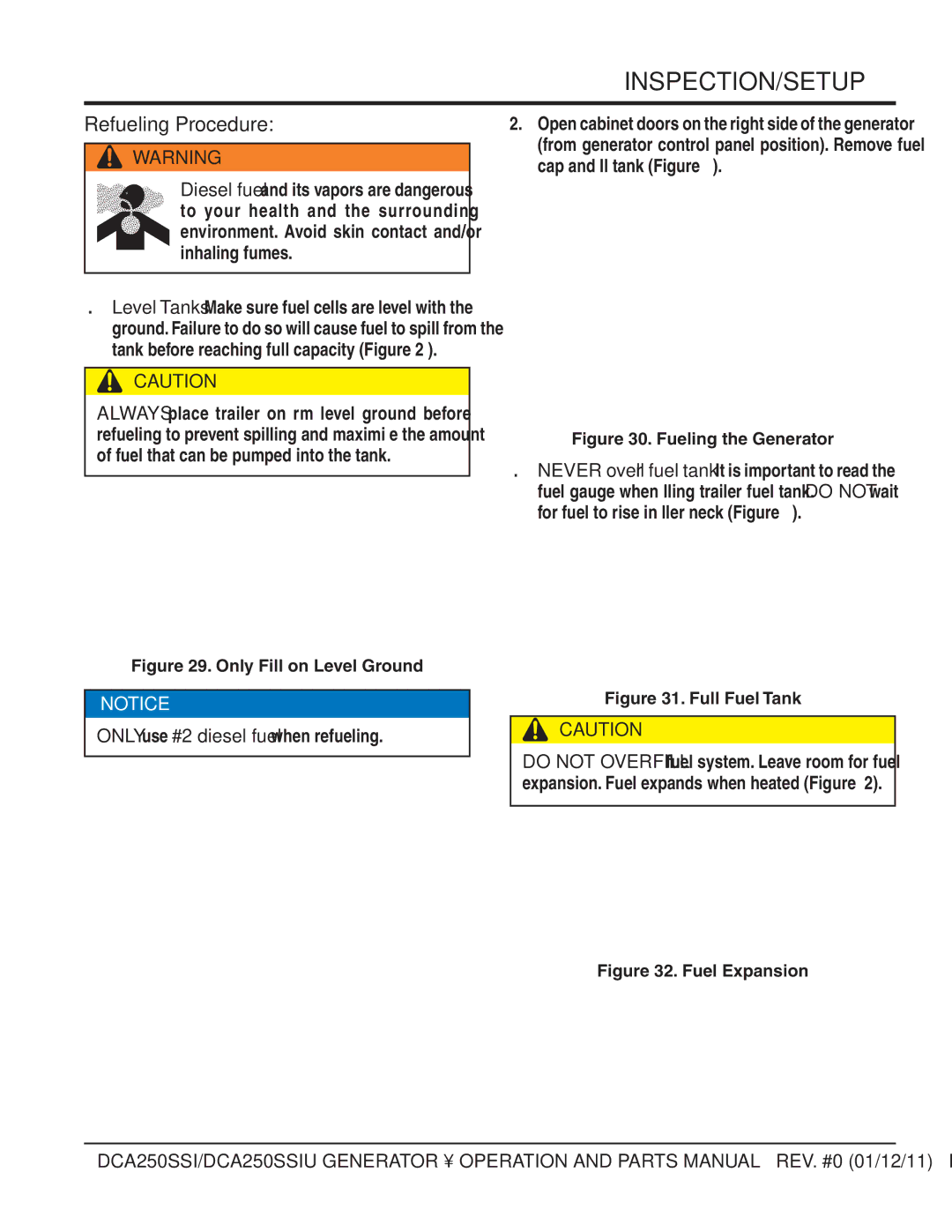 Multiquip DCA250SSIU manual Refueling Procedure, Only use #2 diesel fuel when refueling 