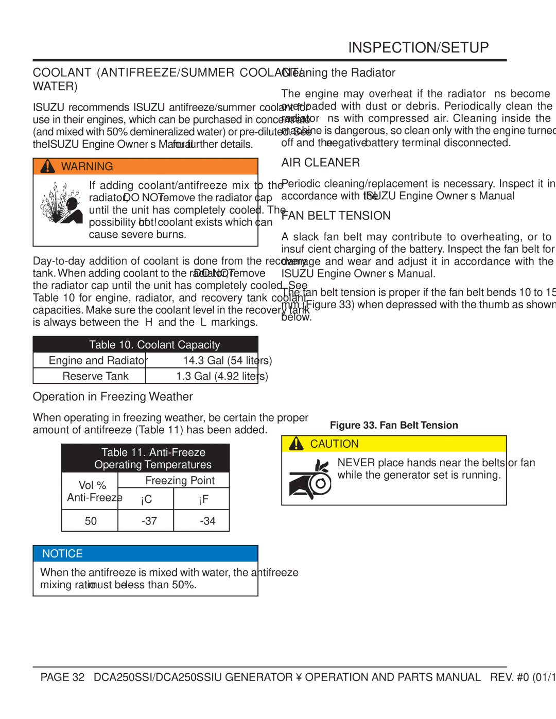 Multiquip DCA250SSI manual Coolant ANTIFREEZE/SUMMER COOLANT/ Water, Operation in Freezing Weather, Cleaning the Radiator 