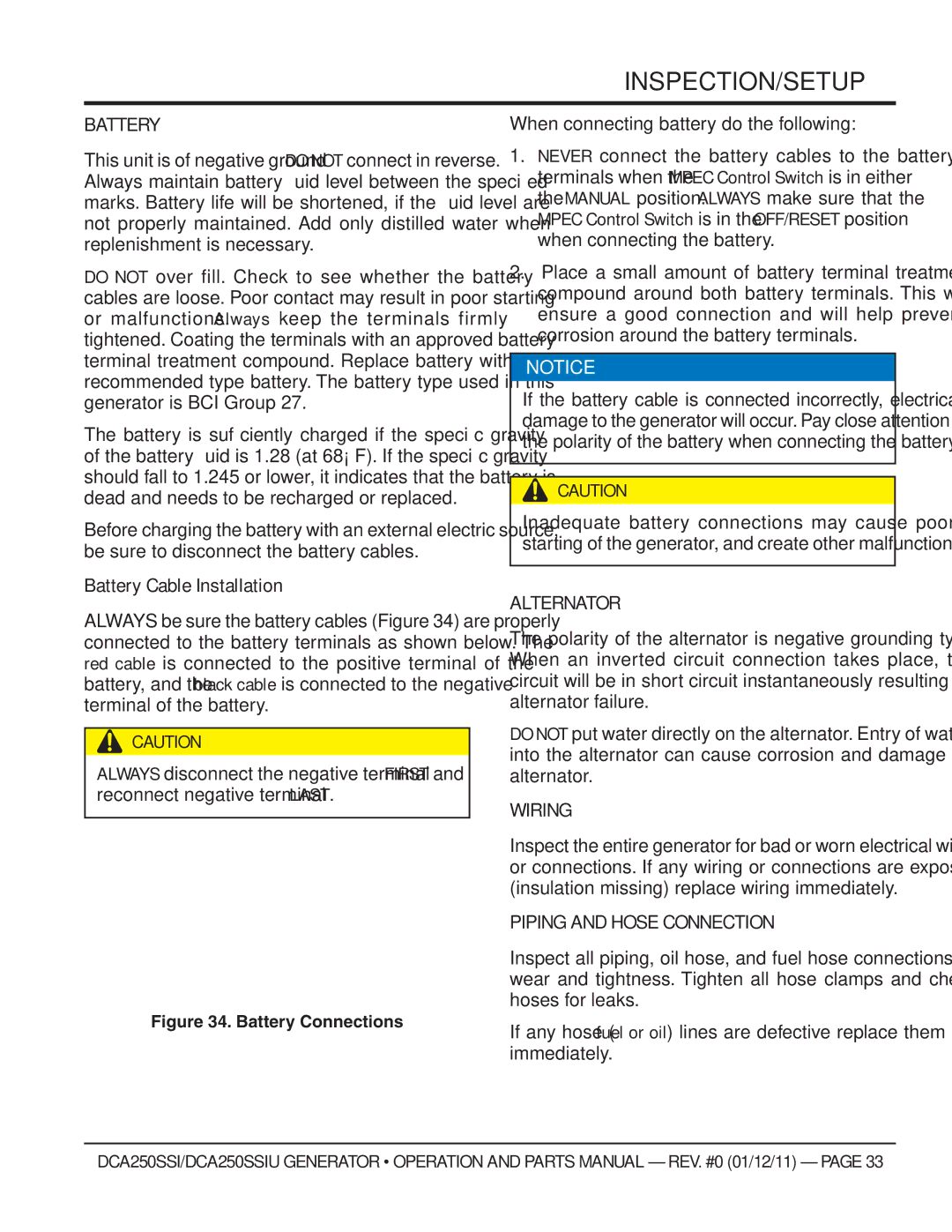 Multiquip DCA250SSIU manual Battery Cable Installation, Alternator, Wiring, Piping and Hose Connection 