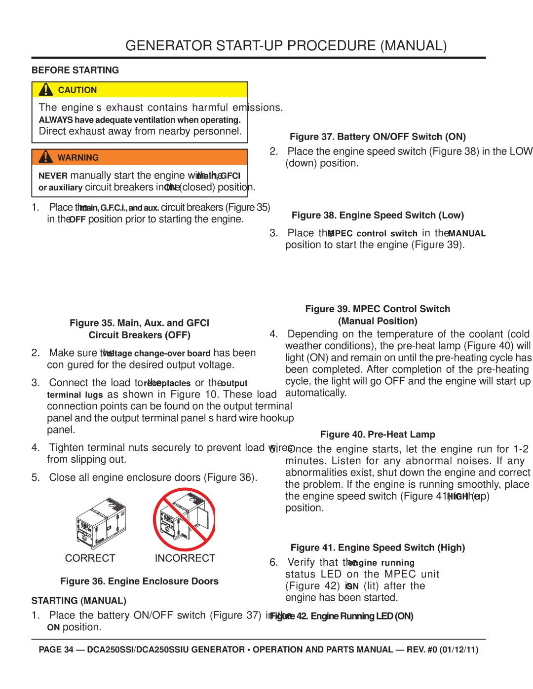 Multiquip DCA250SSIU manual Generator START-UP Procedure Manual, Before Starting, Starting Manual 