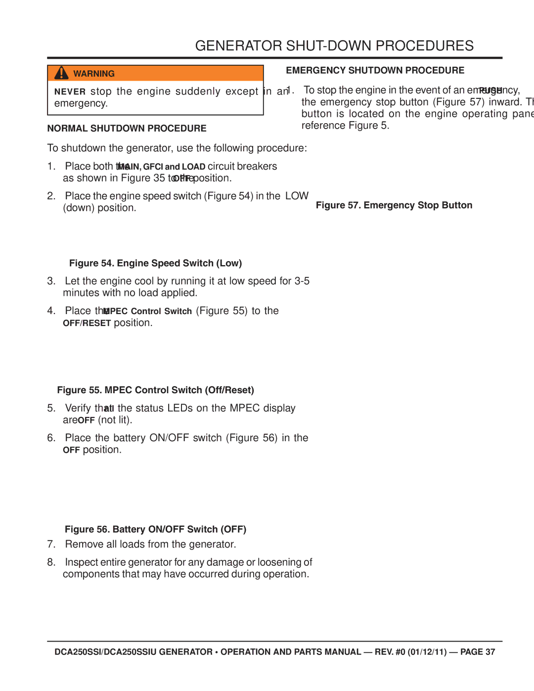 Multiquip DCA250SSIU manual Generator SHUT-DOWN Procedures, Normal Shutdown Procedure, Emergency Shutdown Procedure 