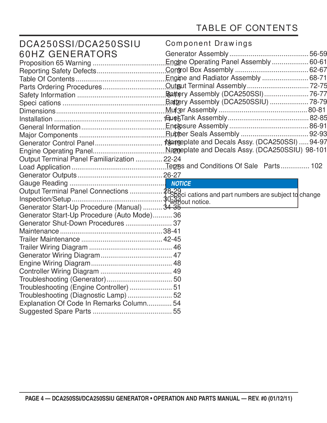 Multiquip manual DCA250SSI/DCA250SSIU 60HZ Generators, Table of Contents 