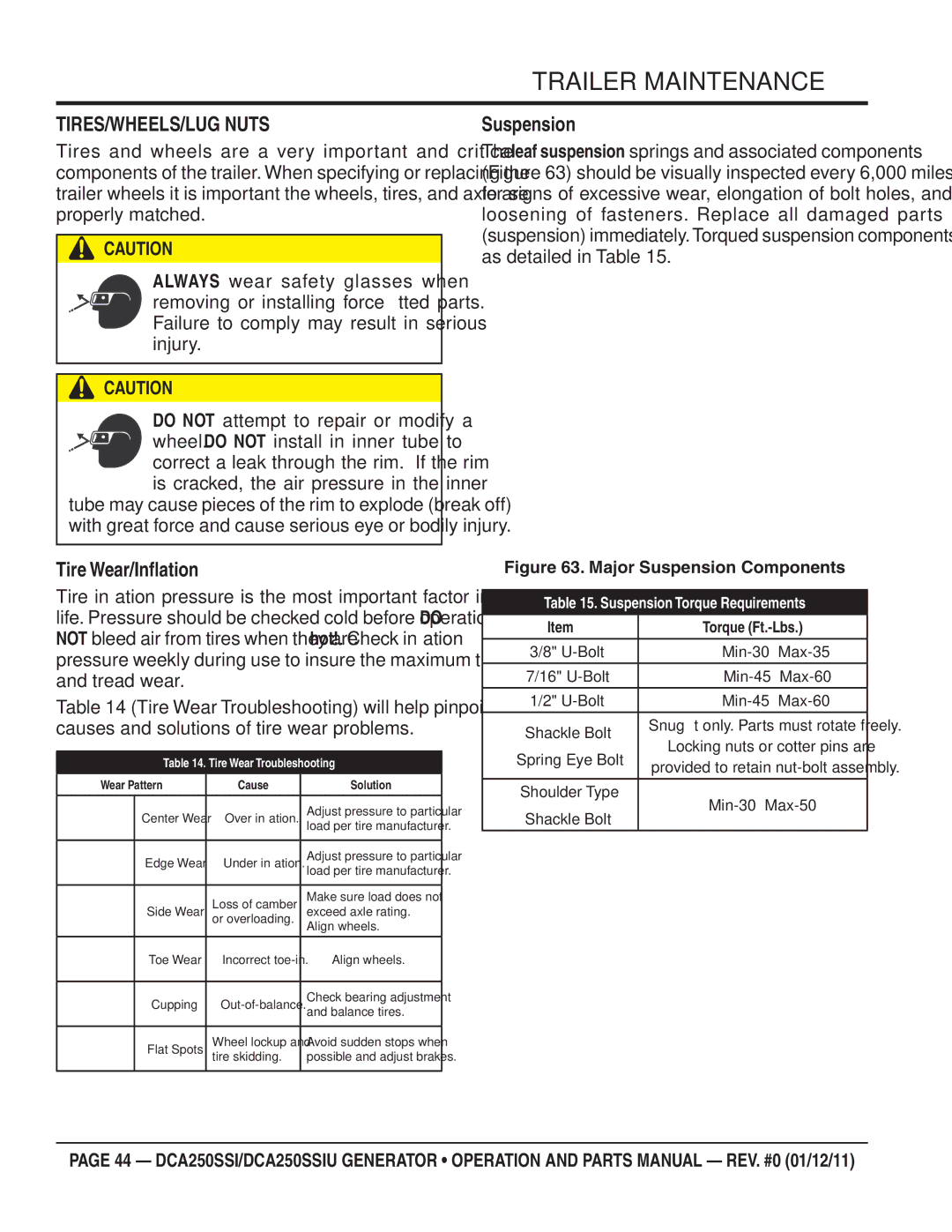 Multiquip DCA250SSIU manual TIRES/WHEELS/LUG Nuts, Tire Wear/Inﬂation, Suspension 